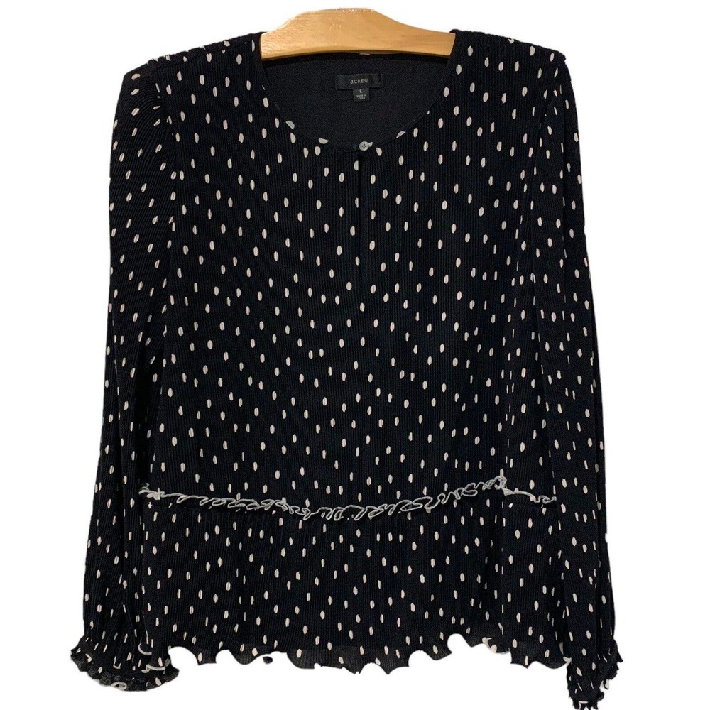 Peplum Top Ruffle Trim Pleated Polka Dot Black White- Size Large